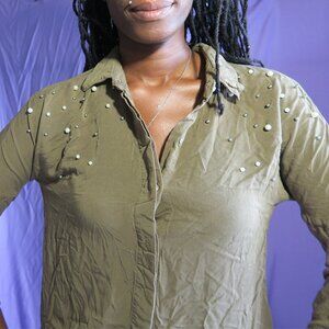 Zara basic collection pearls collared top in olive